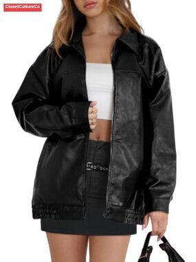 Faux Leather Moto Jacket Oversized Aviator Zip Up Long Sleeve